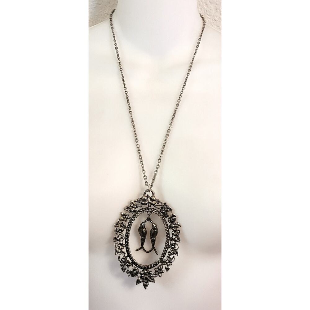 Vintage Silvertone Lovebirds Floral Frame Pendant Necklace Huge 3" Statement